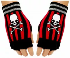 Fingerless Gloves Red Stripes Skull