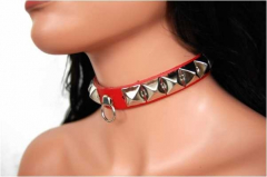 Pyramid Studs & Ring (Red) Leather Choker