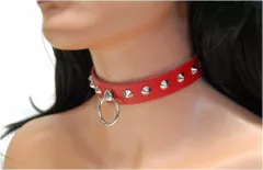 Pointed Studs & Ring (Red) Leather Choker