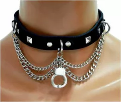 Handcuffs and Chain Choker Faux Leather