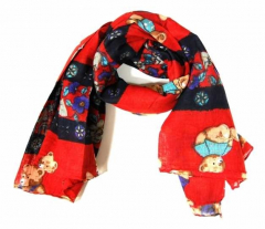 Printed Cotton Scarf Teddy Bears Red