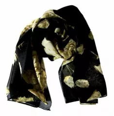 Printed Polyester Scarf Black Flower Pattern